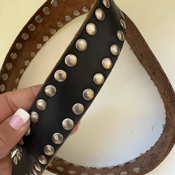 Leather Rock Biker Studded Belt with Skull Buckle